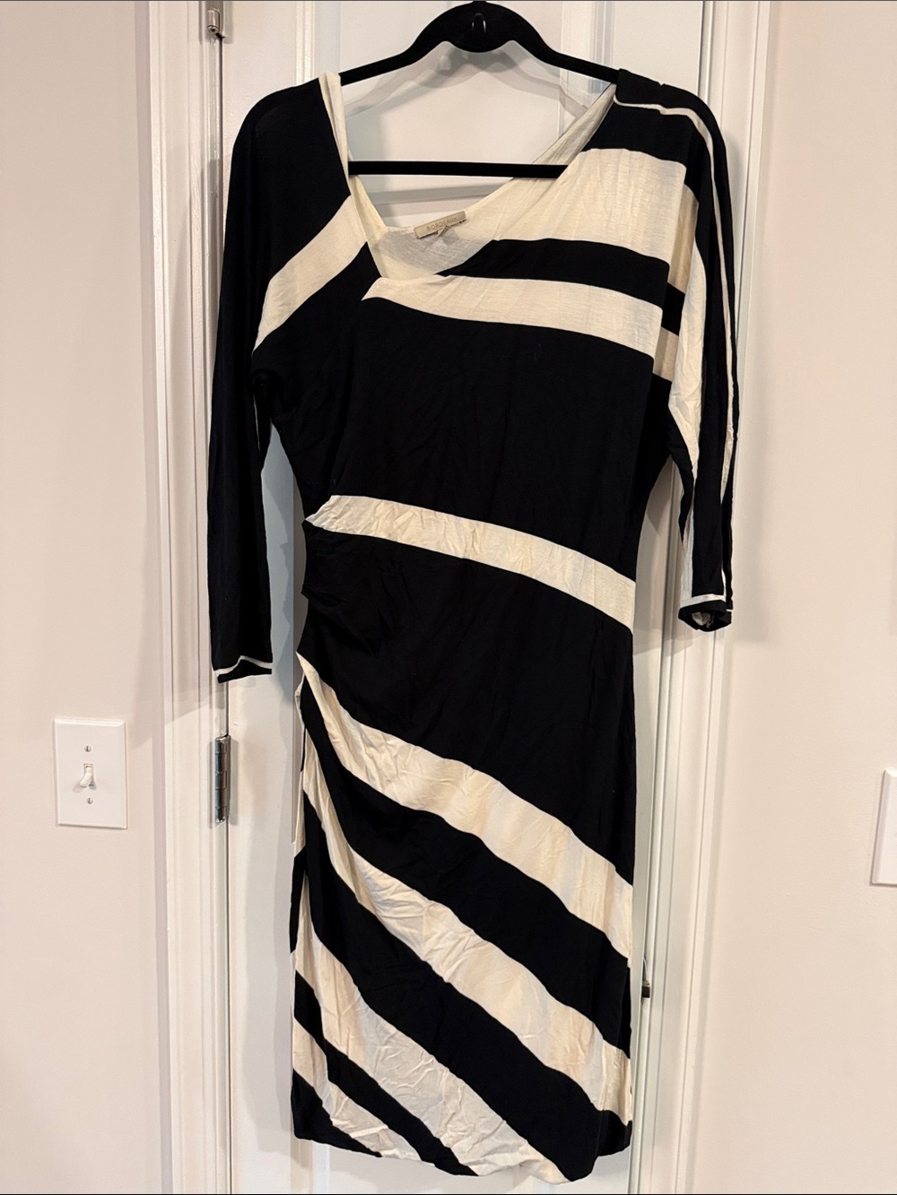 Bordeaux Black & Cream Diagonal Stripe V-Neck Long Sleeve Dress